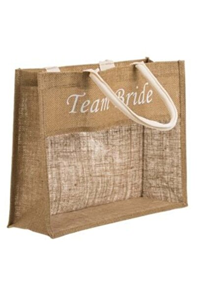 OEM Brown Jute Bag with Team Bride Print and PVC Window 38 x 13 x 30 cm