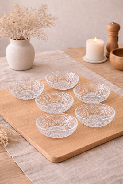 Evila Cam Çerezlik 6 Adet | Desenli Şeffaf Cam, Şık Sunum Kasesi 13,5cm