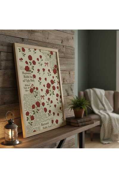 roys Vintage Gazete Desenli Kırmızı Gül Temalı Çerçeveli Duvar Tablosu