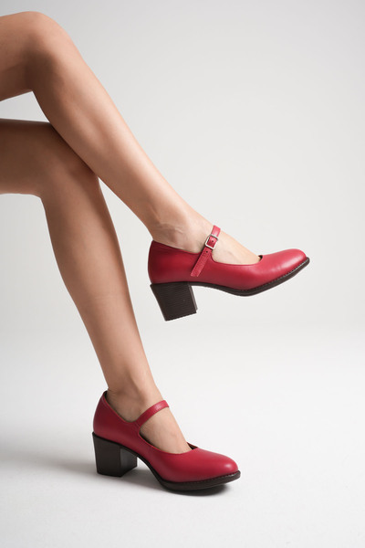 ANALİN SHOES Women's Genuine Leather Strap Heeled Shoes - Red