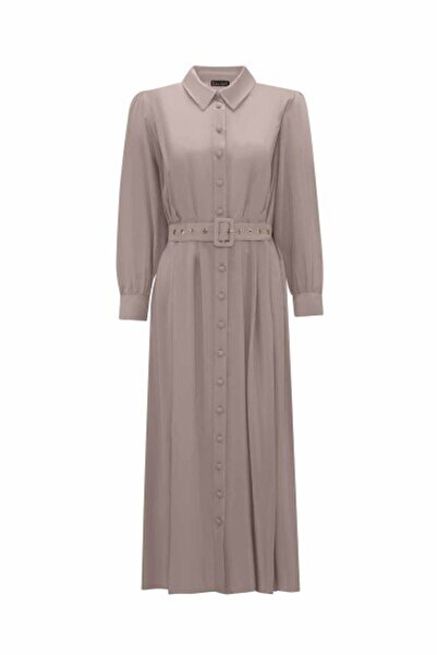 MISS DALIDA Kemerli Cupro Gömlek Yaka Vizon Elbise