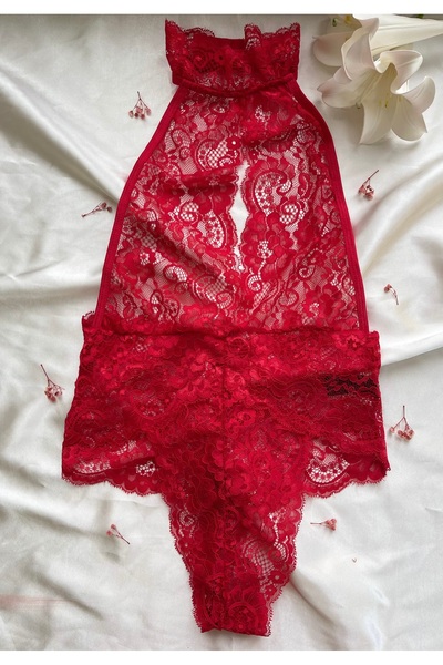 SİNTRA LINGERIE Sırtı Açık Kapsız Dantel Bodysuit - Kırmızı