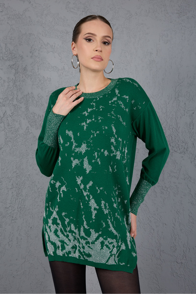 Moda Days Sim Patterned Wide Cuffed Side Slit Crew Neck Knitwear Blouse