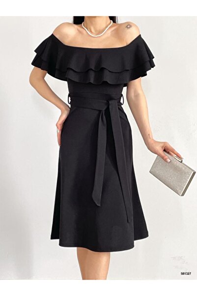 AR Wholesale - Omuzları Açık Volanlı Krep Elbise