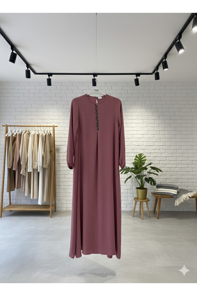 fariza tekstil فستان إسلامي مريح من قماش الأيروبين بتفاصيل حجرية