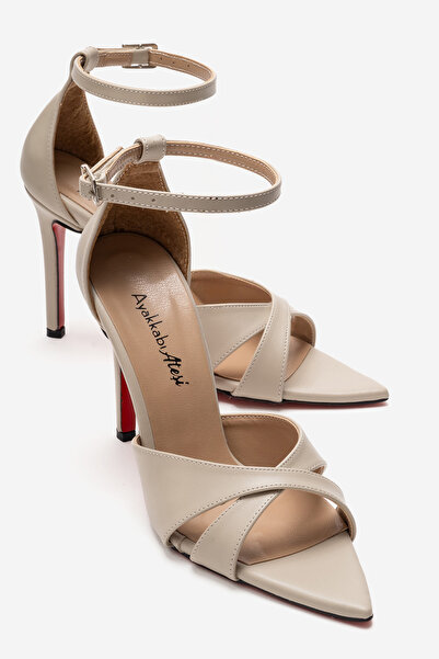 Ayakkabı Ateşi Women's Beige Leather Pointed Toe T-Strap Design Heeled Shoes ...