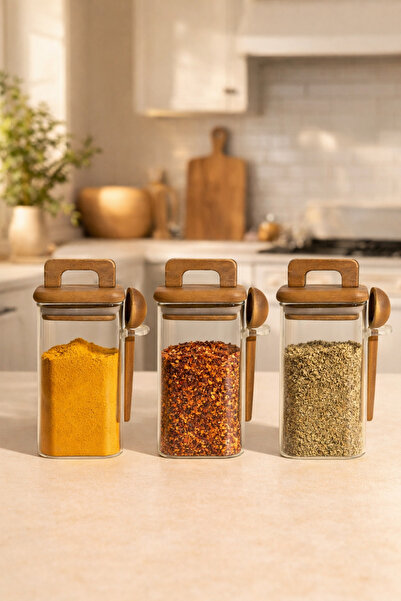 Kitchen Way Acacia Gasket Lid and Spoon 3-Piece Borosilicate 450ml Square Jar...