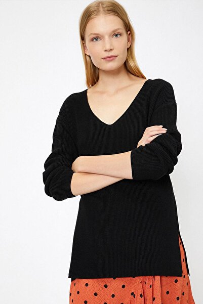 TENA Women's Black V-Neck Side Slit Knitwear Sweater