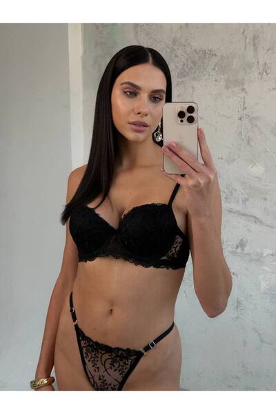 arona lingerie Çiçekli Brode Dantelli Destekli Sütyen Takımı B Kap A171