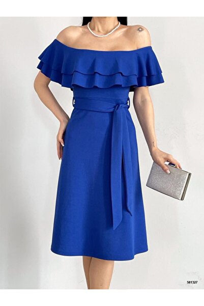 AR Wholesale - Omuzları Açık Volanlı Krep Elbise