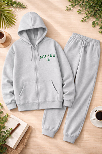 Pink Sky Unisex Milano Printed Zippered Hooded Sweatshirt & Jogger Tracksuit Set