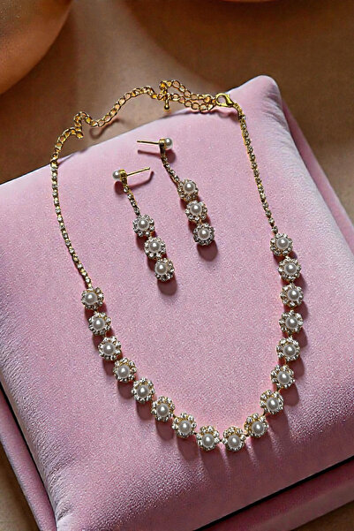 PETEK AKSESUAR Pearl and Stone Evening Dress Necklace Earring Set