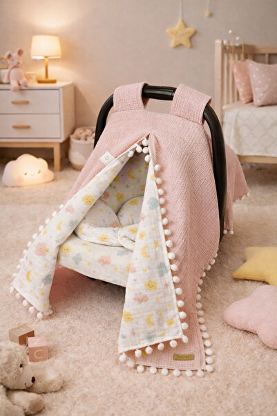 BeygeBaby Çift Katlı Pembe Pike ve Bulut Desenli Müslin Çift Yönlü Puset Örtü...