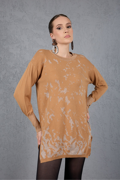 Moda Days Sim Patterned Wide Cuffed Side Slit Crew Neck Knitwear Blouse