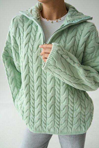 Qu Style Fermuarlı Yaka Saç Örgü Kazak Mint Yeşil