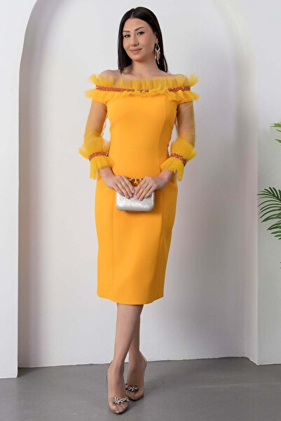 PULLIMM Strapless Neckline Chest Sleeve Beading Detail Evening Dress 7652