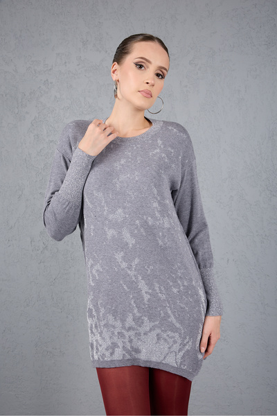 Moda Days Sim Patterned Wide Cuffed Side Slit Crew Neck Knitwear Blouse