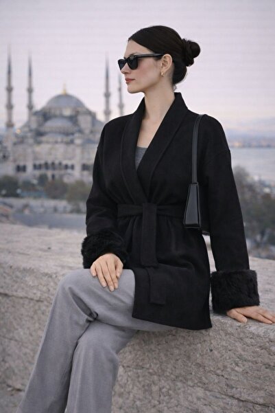 KaraAS Women's Cashmere Coat Without Lining and with Fixed Fur Sleeves