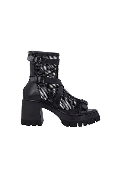 ALBİNİ Hakiki Deri File Detaylı Blok Topuklu Kadın Sandalet