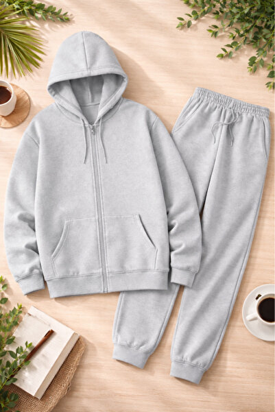 Pink Sky Unisex Basic Unprinted Hooded Sweatshirt & Jogger Tracksuit Set