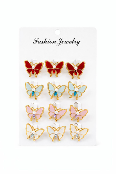 OEM Set of 12 golden butterfly brooches with colored crystal and pearl, mixed...