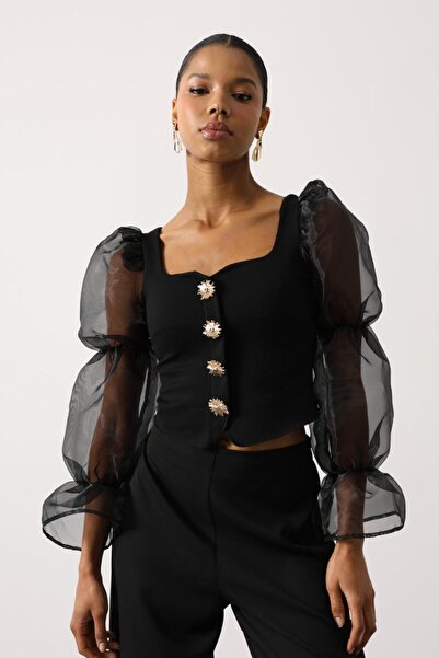 nefes butik Siyah Organze Kollu Gold Düğme Detaylı Şık Bluz