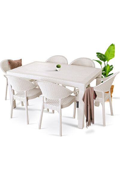 NOBLE DESİNG Bambu Pro 90x150cm Rattan Bahçe Balkon Masa Takımı 6 Kişilik Cam...
