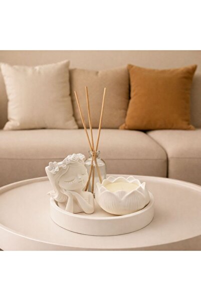 Havalı Tasarım Kokulu Dekoratif Set – Yuvarlak Tepsili, Lotus Mumlu ve Oda Ko...