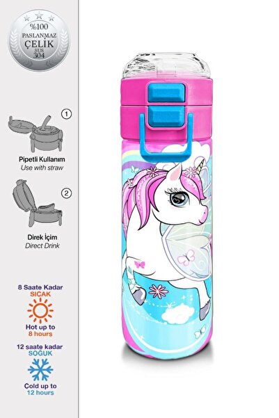 Coral High Kids Mavi Neon Pembe Unicorn Desenli Pipetli ve Direkt İçim Çelik ...