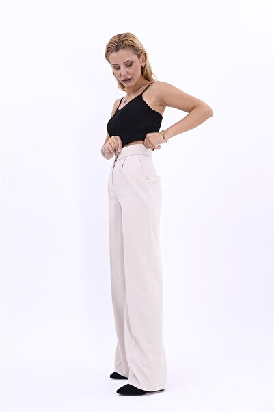 ÖNDER ÖZSOY High Waist Pocketed Palazzo Women's Trousers-Beige