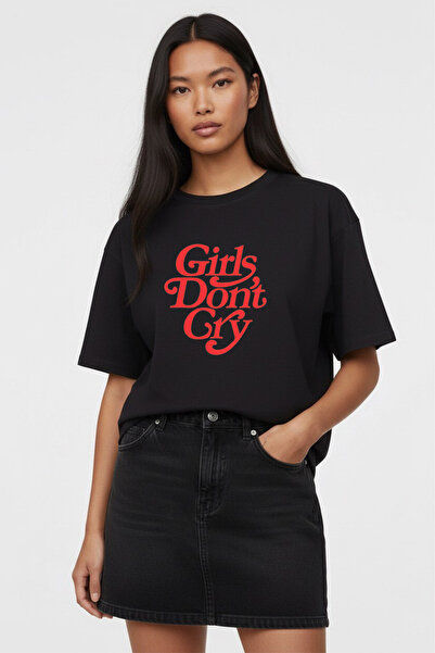 LORVEX Oversized Women's T-Shirt Gi̇rls Dont Cry Red B Printed 100% Cotton