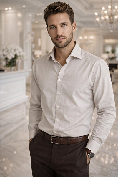 Rich قميص رجالي بيج 100% قطن عالي الجودة بأكمام طويلة