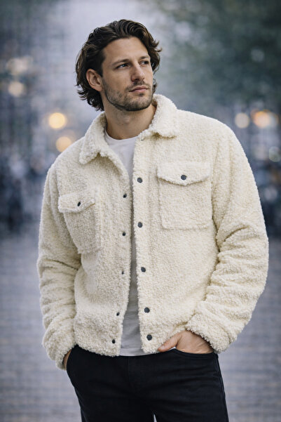 Polo State Men's Plush Pocket Detailed Snap Closure Sherpa Jacket Ecru