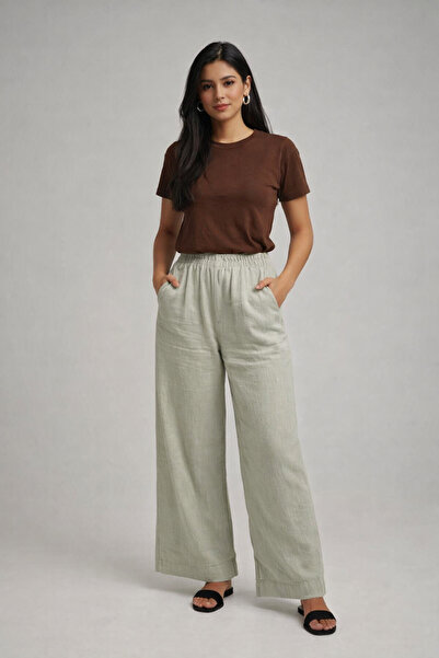 Rich Woven Mint Green Long Wide Leg Trousers