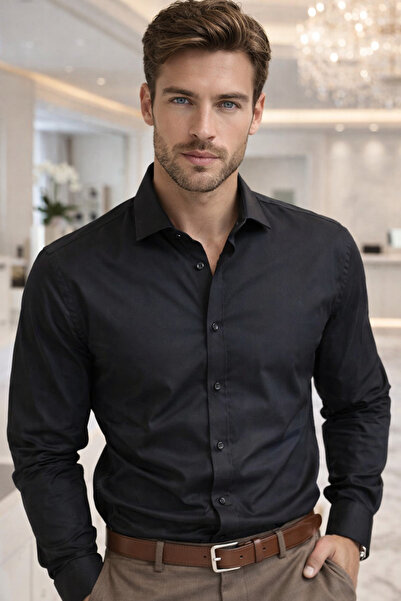 Rich قميص رجالي أسود 100% قطن عالي الجودة بأكمام طويلة