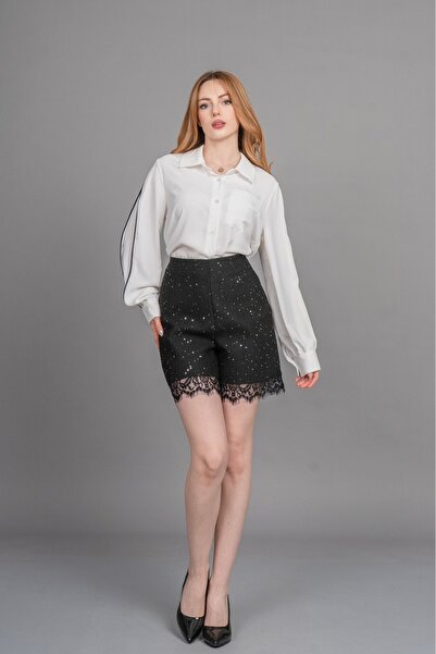 MissVina Premium Sequin Detailed Boucle Shorts |   High Waist, Straight Cut 3...