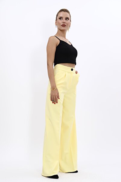 ÖNDER ÖZSOY High Waist Pocketed Palazzo Women's Trousers-Yellow