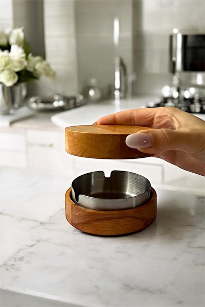 GİSVOL Kapaklı Doğal Ahşap Küllük Ev, Ofis ve Kafe İçin Paslanmaz Metal Hazne...