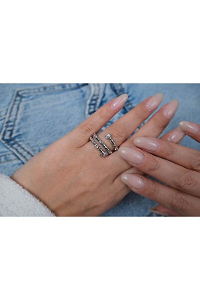 ATELİER TUĞBA خاتم YZK183 فضي قابل للتعديل مع تفاصيل مرصعة بالأحجار