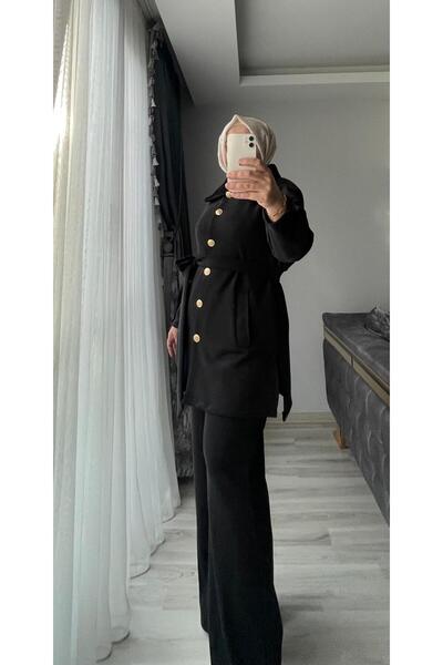 Sara Deluxe Women's Suit Fur Detailed Gold Buttoned Three Piece Suit