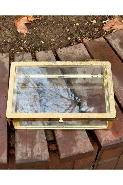 Cyz Home Gold Çerçeveli Cam Sunumluk Kapaklı Sandık, Çikolata Şeker Ve Takı K...