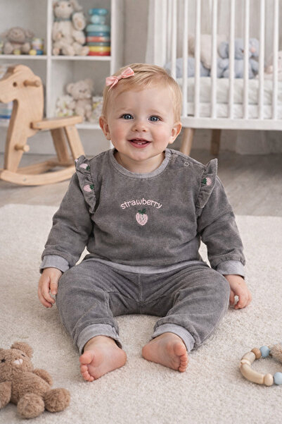 BEBEXO KIDS Kız Bebek Pembe Çilek Nakışlı Omuzdan Çıtçıtlı Esnek Kot Kumaş Me...