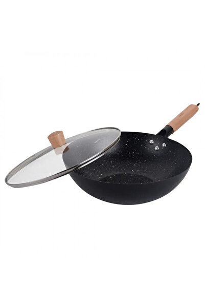 Kinghoff KH 1984 Wok Pan, 30 cm, Glass Lid with Steam Vent, Marble Finish, In...