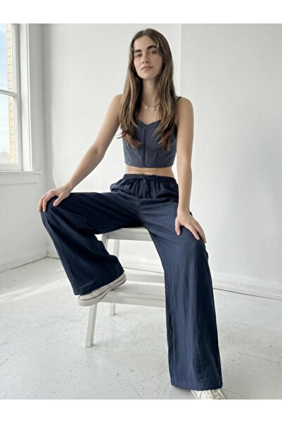 Retrobird Design Loose Fit Dark Blue Relax Women's Trousers