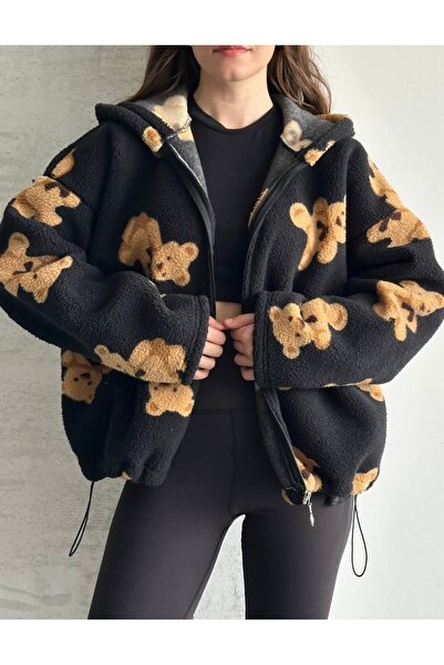 Justin Kadın Ayıcıklı kapşonlu fermuarlı uzunkollu KUZU PELUŞ