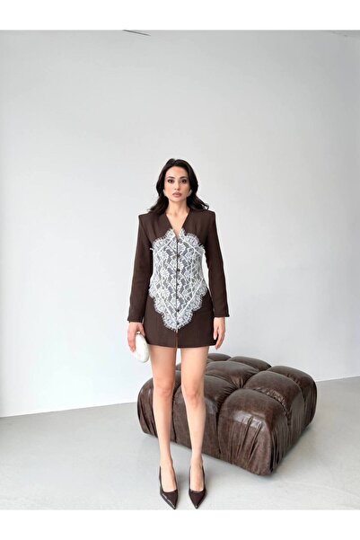 LOCH BUTİK Women's Brown Lace Jacket