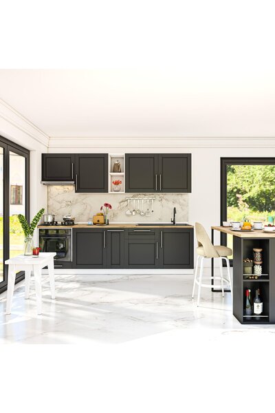 DEKOREX Pia Antrasit 270 Cm Antrasit Aspiratör Ve Fırın Modüllü Meşe Tezgahlı...