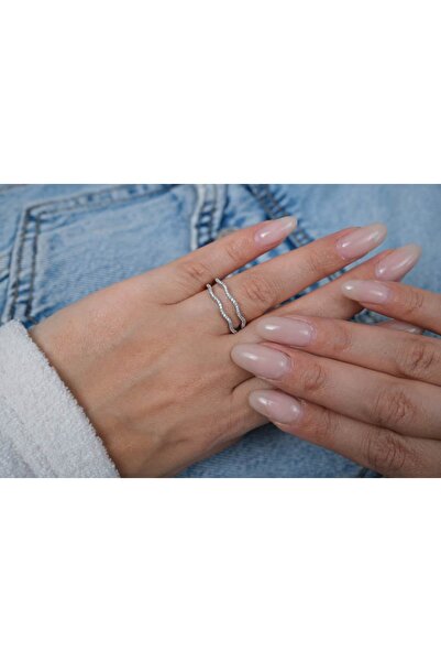 ATELİER TUĞBA Yzk165 Wave Form Double Stone Silver Adjustable Ring