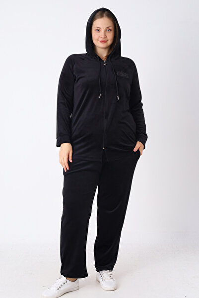 İntensive Women's Plus Size Black Hooded Soft Fleece Embroidered Pocket Zippe...