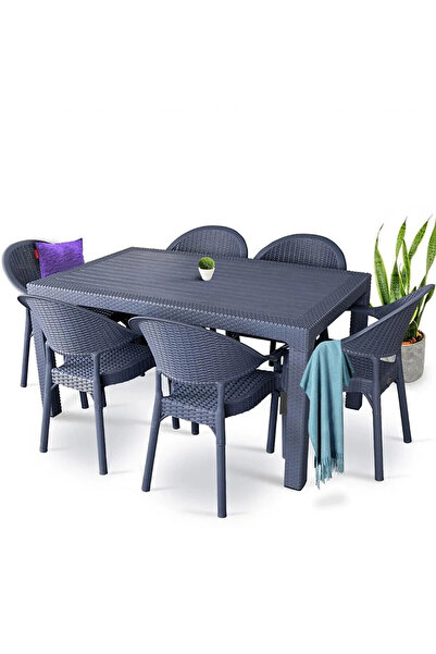 NOBLE DESİNG Bambu Pro 80x140cm Rattan Bahçe Balkon Masa Takımı 6 Kişilik Cam...